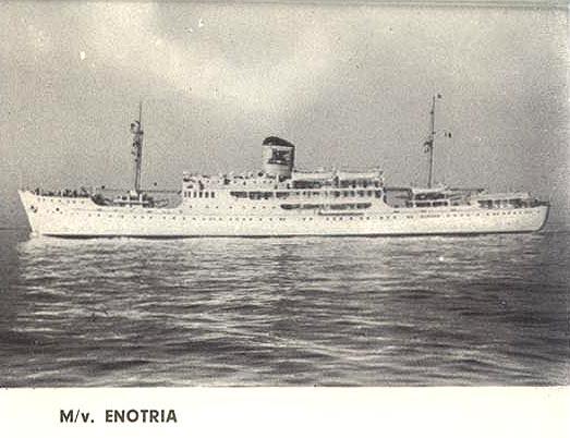 Black-and-white photo of the Enotria ship at sea, side view, port side