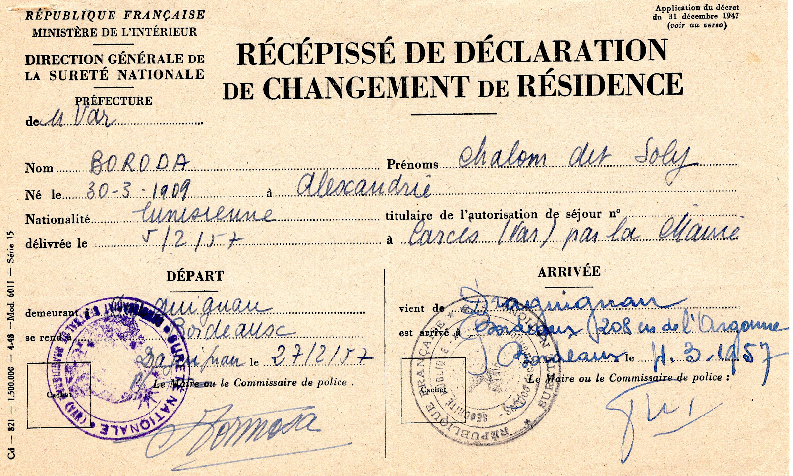 Stamped document change of residence from Draguignan to Bordeaux, France